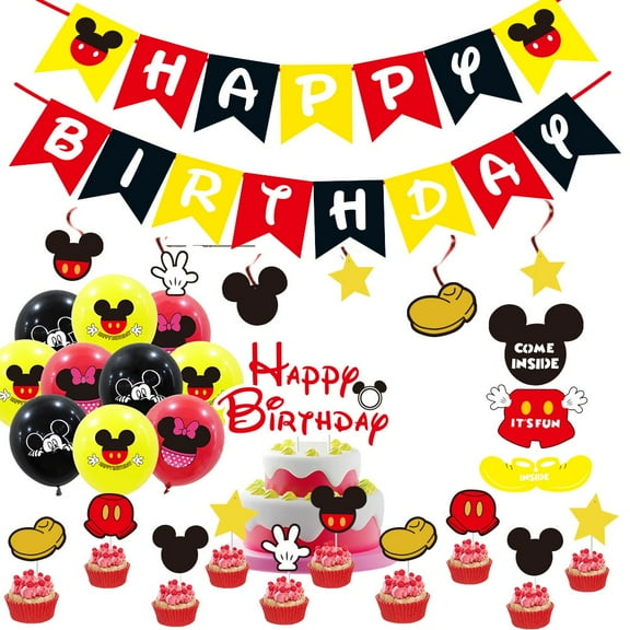 33 pieces Red Mickey cartoon birthday party supplies, including banners, balloons, cake toppers and door hangings, perfect decorations for girls' little princess birthday party
