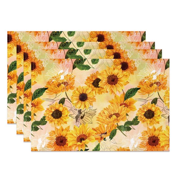 SUNOLIFE Rustic Sunflower Placemats Fall Floral Table Mats Set of 4,Brown Flowers Linen Fabric Mats for Dining Table Decorations 12x18 inch