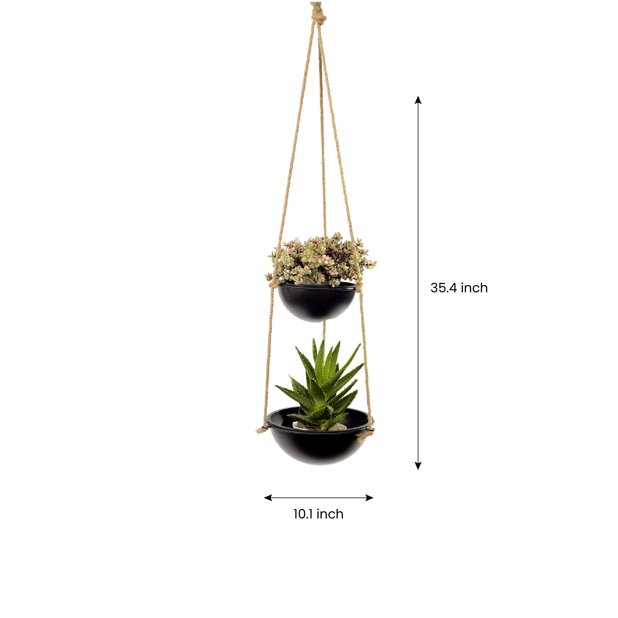 Decorative Indoor Outdoor Hanging Planter with 2 Pots and Jute Rope and Metal Hanger for Hallway Balcony Patio Deck Home Decor in Black Color for Live & Feaux Plants - Set of 2