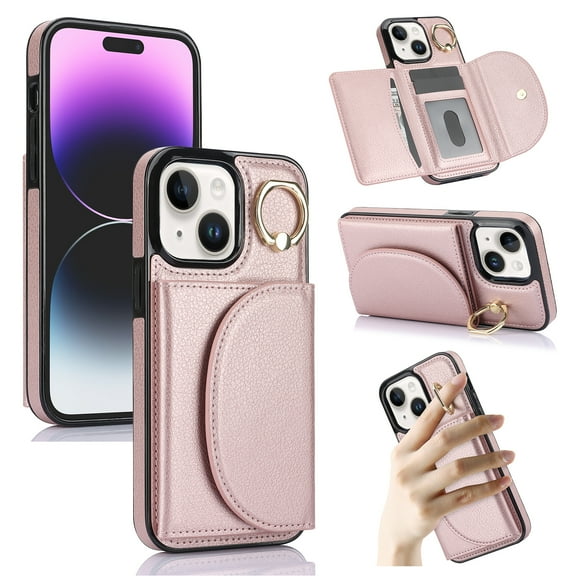 Wallet Case Compatible with iPhone 15 with Card Holder,RFID Blocking,360°Rotation Finger Ring Stand Leather Cover,Drop Protection with Magnetic Snap Phone Case iPhone 15, Rosegold