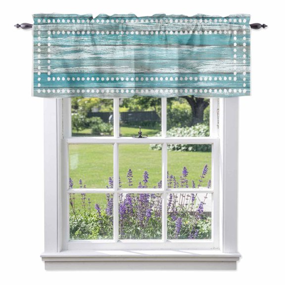 Kitchen Cafe Valance Curtain for Small Windows,Farmhouse Teal Wood Board Rod Pocket Short Valances,42x12in
