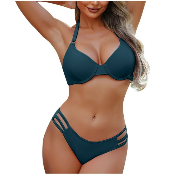 KIHOUT 2025 Women's Bikini Sets Two Piece Swimsuit Plunging Neck Halter Low Rise Cheeky Bathing Suits for Beach Pool Party