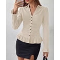 thumbnail image 4 of BTFBM Fitted Button Down Shirts for Women Dressy Casual Tops | Collar V Neck Long Sleeve Ruched Tops, Stretchy Ruffle Blouses, Fall Fashion Clothing, Work Date Night Going Out Outfits, 4 of 7