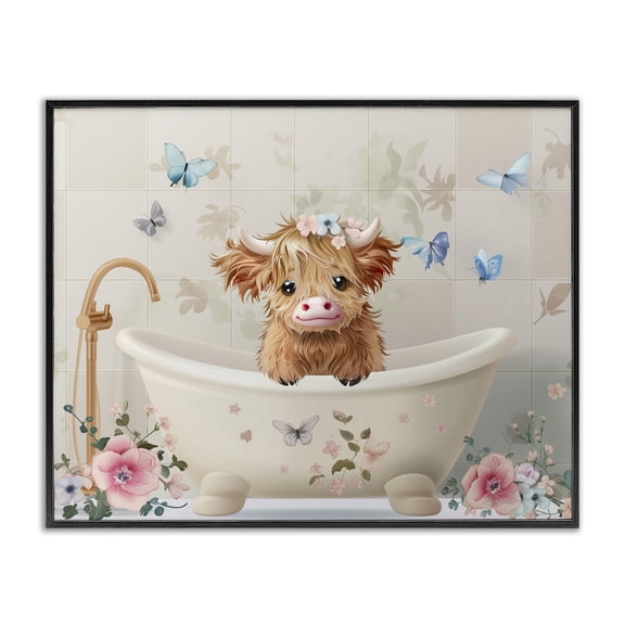 Baby Cattle in Floral Tub Black Framed Giclee Art, design by Shawna Stewart