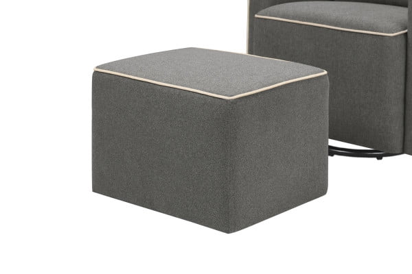 davinci olive upholstered swivel glider and ottoman in grey with cream piping