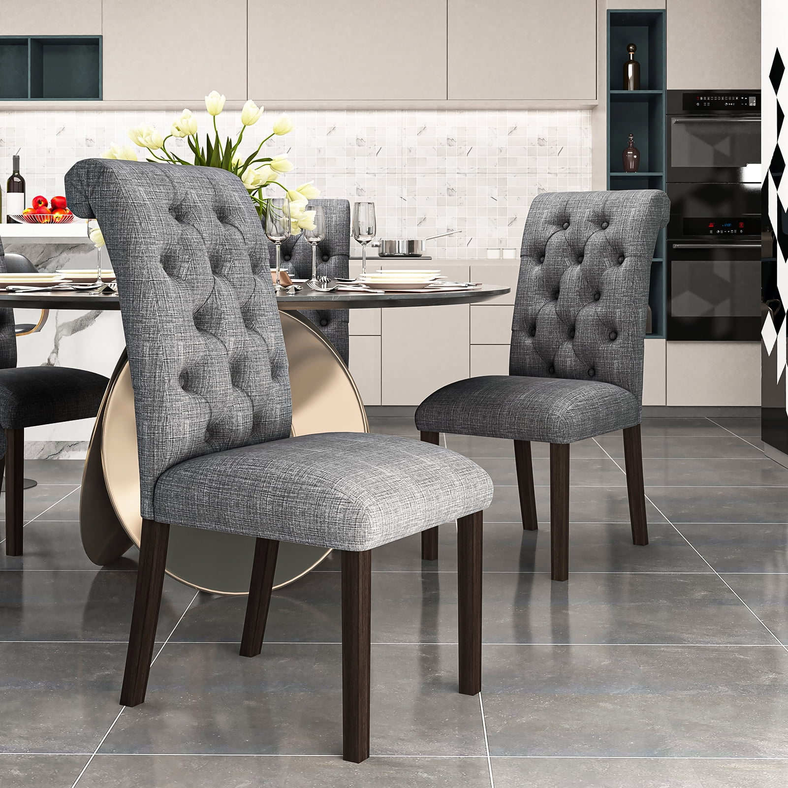 Yardi Yard Set of 2 Grey Linen Fabric Upholstered Tufted Dining Chair with Solid Wood Legs for Kitchen Yardi Yard Set of 2 Grey Linen Fabric Upholstered Tufted Dining Chair with Solid Wood Legs for Kitchen