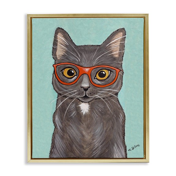 Stupell Industries Contemporary Hipster Cat Red Glasses Gold Floating Frame Canvas Art, 25 x 31, by Michelle Gilsey