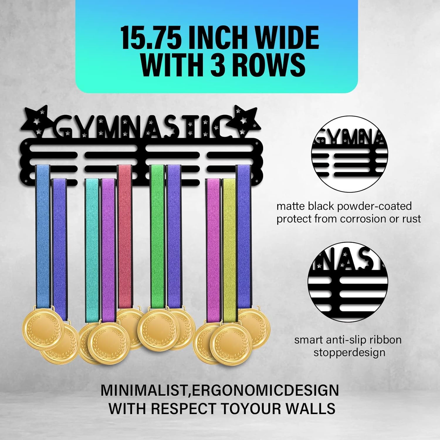 Award Medal Display Gymnastics Pattern Medal Holder Display Hanger Metal Medal Rack Holder Frame Awards Ribbon Holder Wall Mount Tiered Award Rack for Over 60 Medals Runner Athletes Black