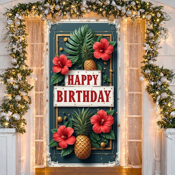 Tropical Floral Banner Pineapple Patterned Birthday Backdrop Dark Green Framed Celebration Background for Tropical Birthday Parties Hawaiian Luaus Summer Outdoor Celebrations