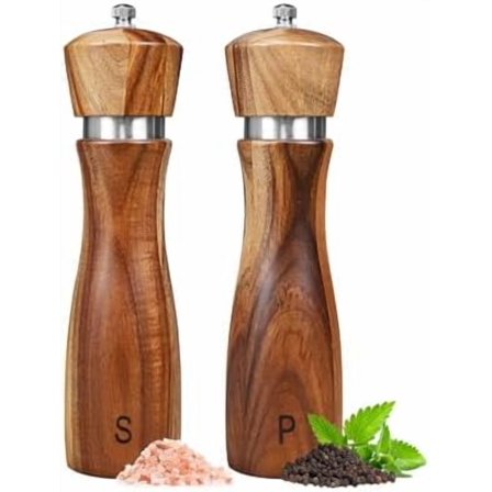 2 Pack Acacia Wood Salt and Pepper Grinder Set, Wooden Salt and Pepper Mill Set Salt and Pepper Shaker Tableware Birthday Gifts Ceramic Core-8 Inch