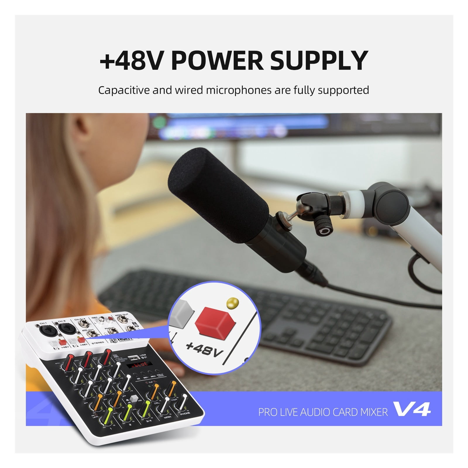 V4 Mixer DJ Controller Mixing Bluetooth Phantom Power Delay Repaeat Effect For Sound Mixing Console PC Recording ,Easy to Operate