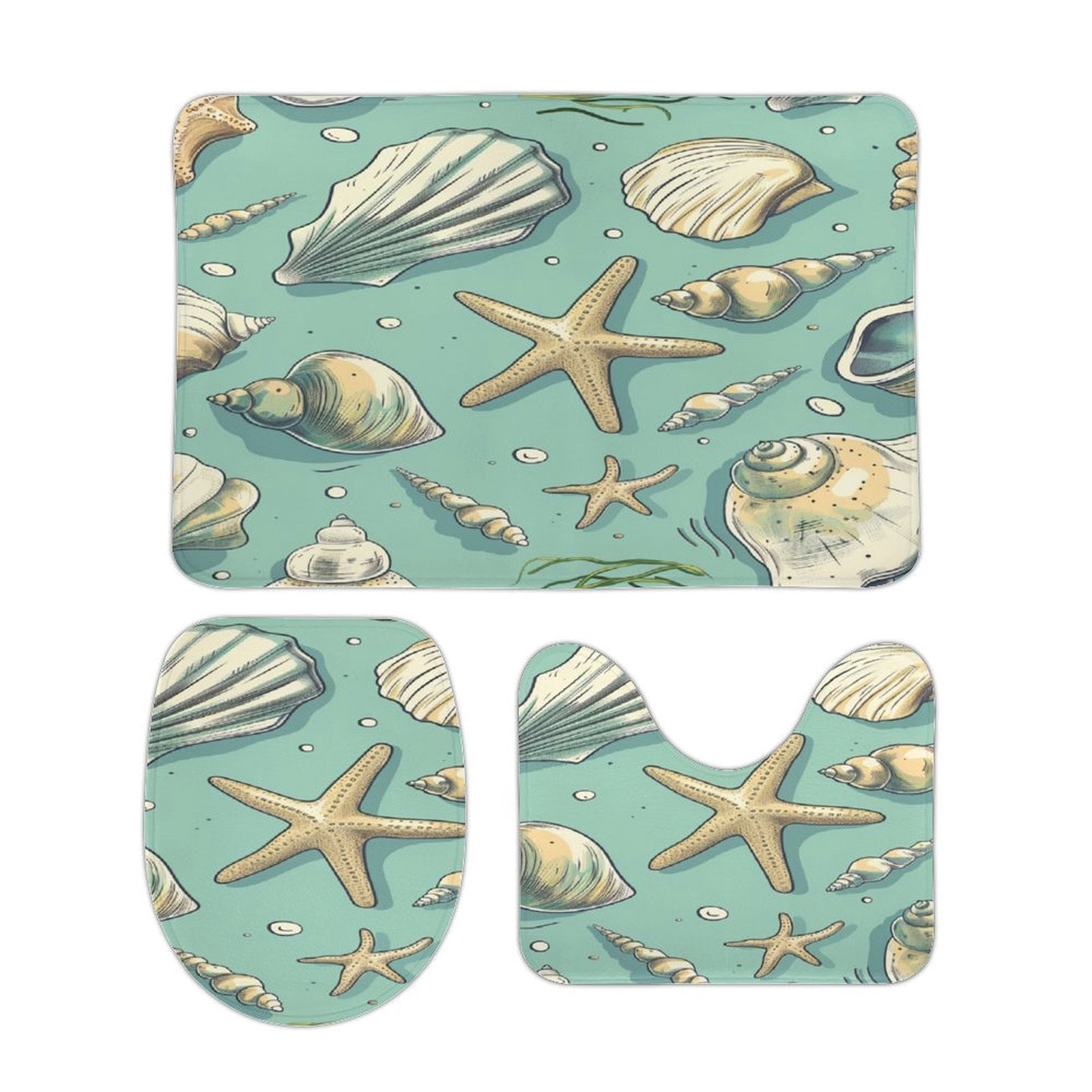 Beach Seashell Starfish 3 Piece Bath Rugs Mat Set, Flannel Mats, Machine Washable Carpets Mat for Bathroom Kitchen, Tub Toilet Contour Mat Lid Cover