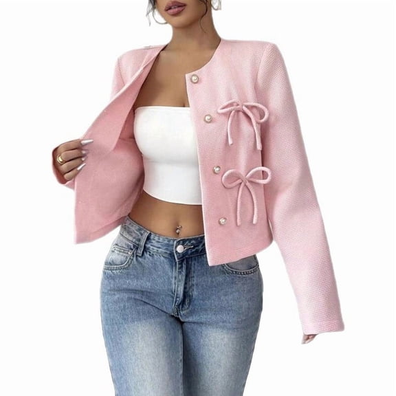Women'S Crew Neck Jacket Button Down Long Sleeve Dressy Coat Jackets Pink S