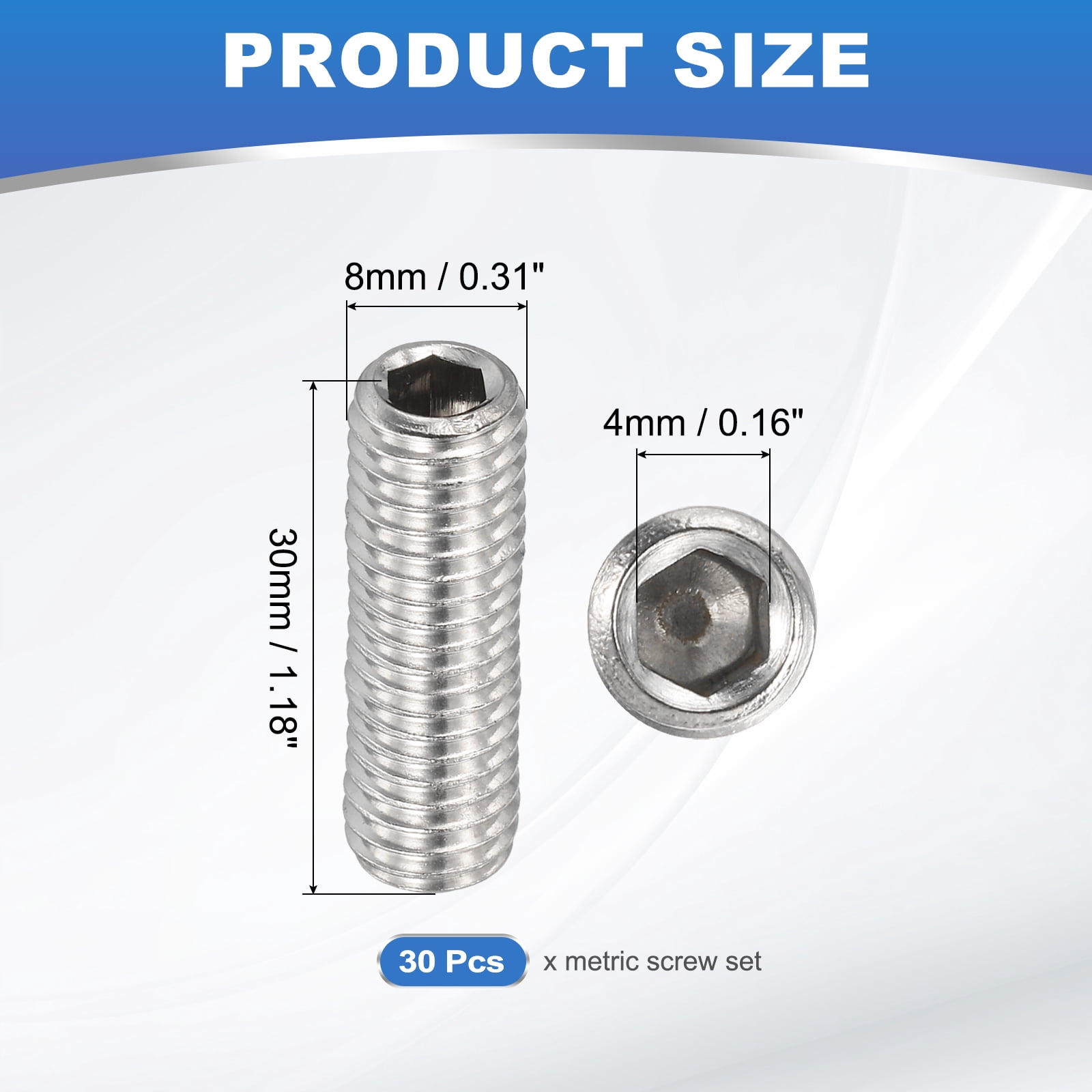 Uxcell Hex Socket Grub Screw Flat Point Grub Bolt Stainless Steel Head Socket Set Screws for Door Handle Light Fixture Repair M8x30mm