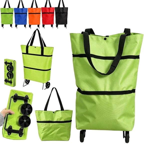 2-in-1 Foldable Shopping Cart with Wheels, Rolling Grocery Bag, Collapsible Shopping Tote with Adjustable Handle, Large Capacity Reusable for Travel