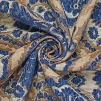 Baroque Floral Two Tone Chenille 57" Heavyweight Upholstery Jacquard Polyester Fabric By The Yard (Beige / Royal Blue, 1 Yard)
