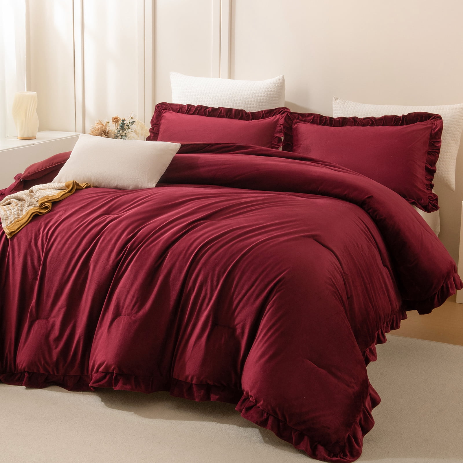 Burgundy Velvet Comforter Set Queen, Ruffled Fluffy Plush Bedding with Pillowcases, All-Season Cozy Luxury Bed Set for Women & Girls