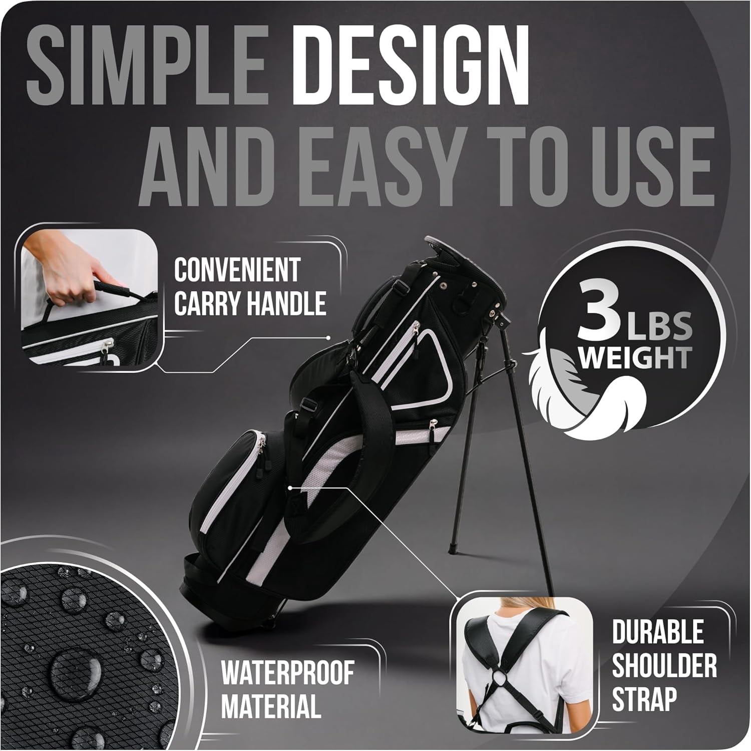 Ultra-Lite Golf Stand Bag - 3 Lbs, 4 Way Divider Portable Carry Case with Rain Hood for Men Women