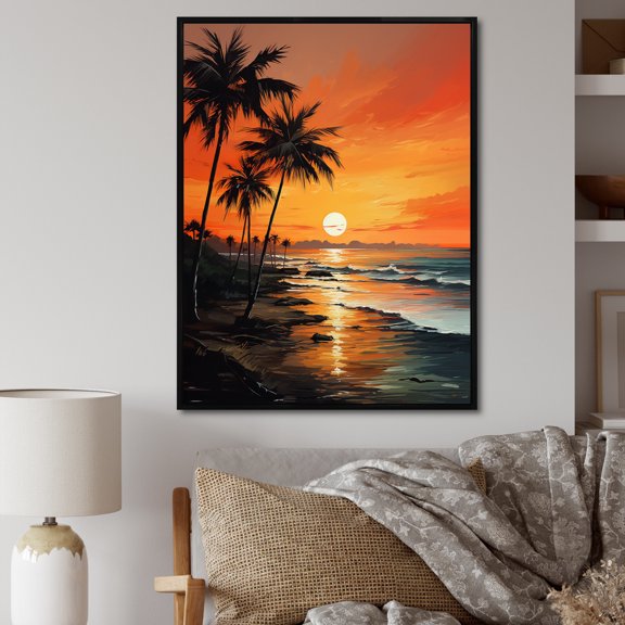 Designart "Tranquil Sunset In Tangerine Twilight In The Tropics III" Palms & Palm Trees Floater Framed Wall Art Prints