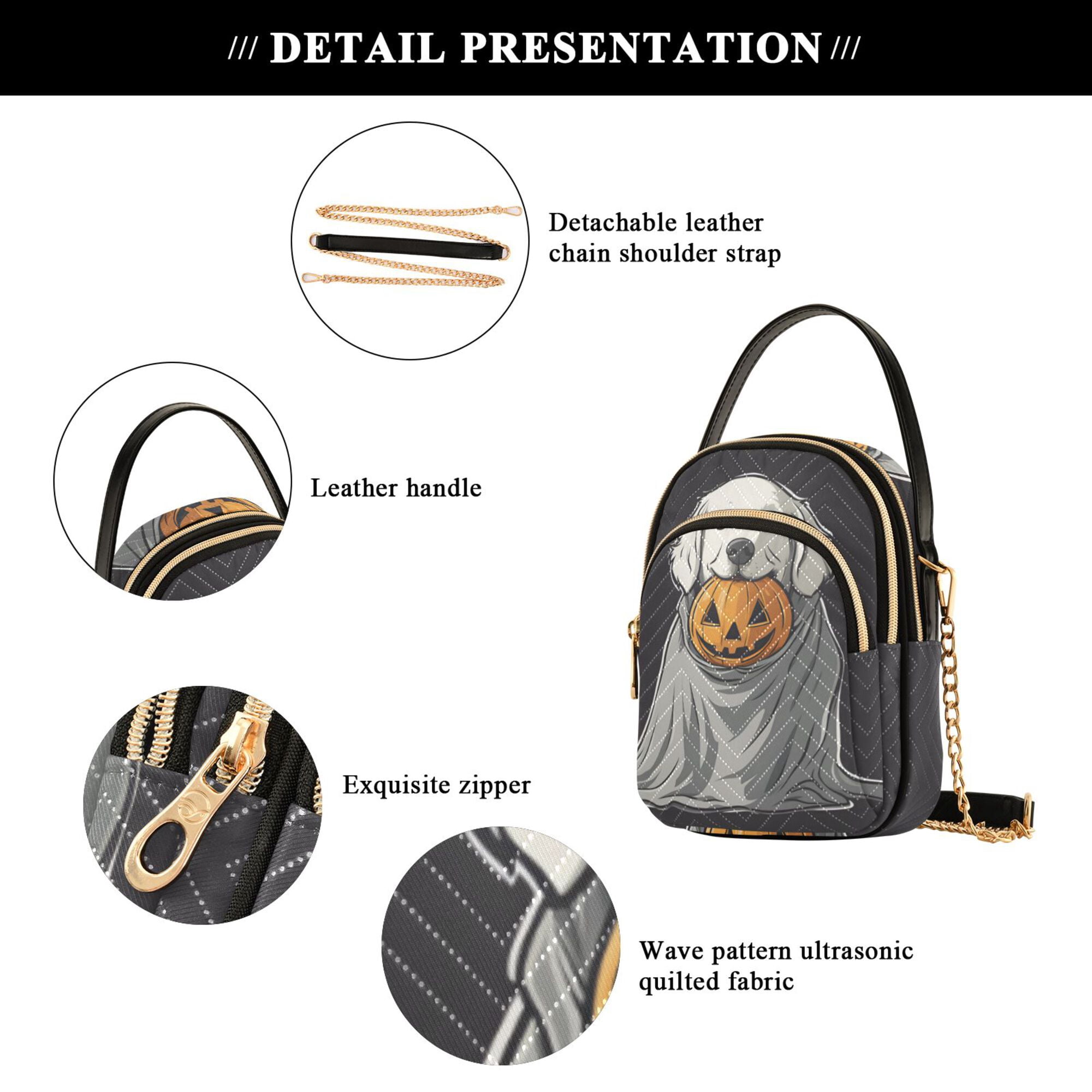 FORMRS Crossbody Bag for Women Quilted Travel Shoulder Cell Phone Purse with Chain Strap Handbag, White Halloween Dog