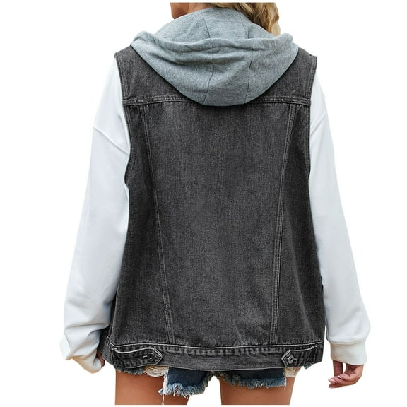 clear 50% off Usmixi Denim Vest for Women Denim Jacket for Women Casual Solid Sleeveless Hooded Jean Vest Coat Open Front Button up Stretchy Jean Outwear with Pocket Winter Denim Vest