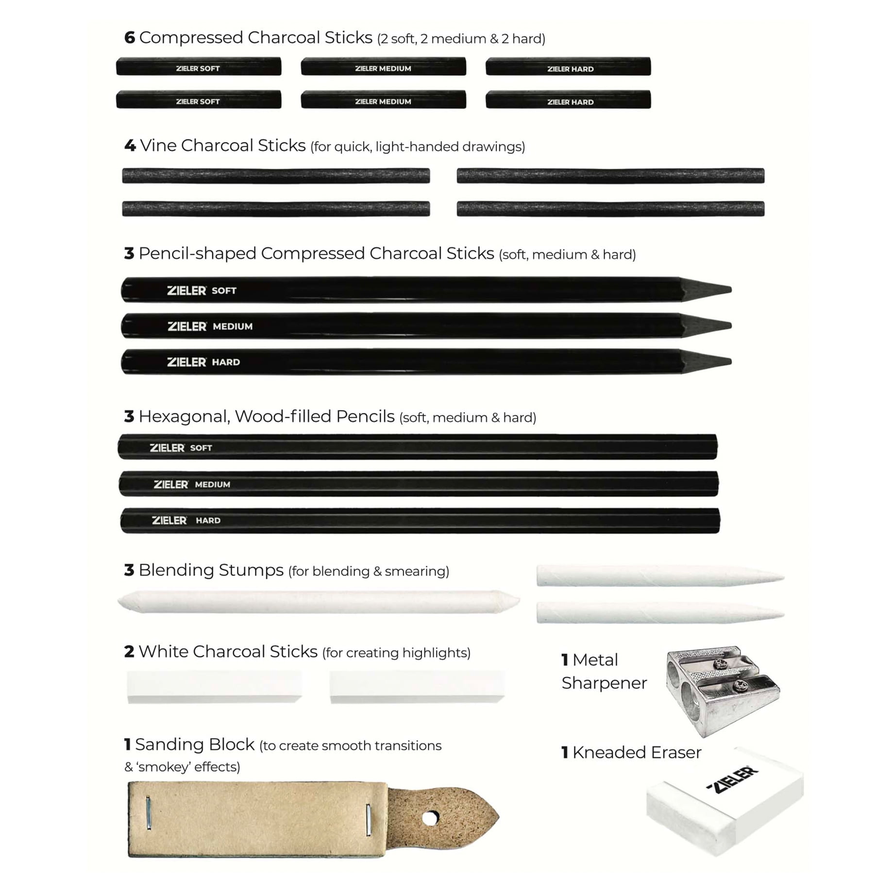 Zieler® 24 Piece Artists Charcoal Drawing Set