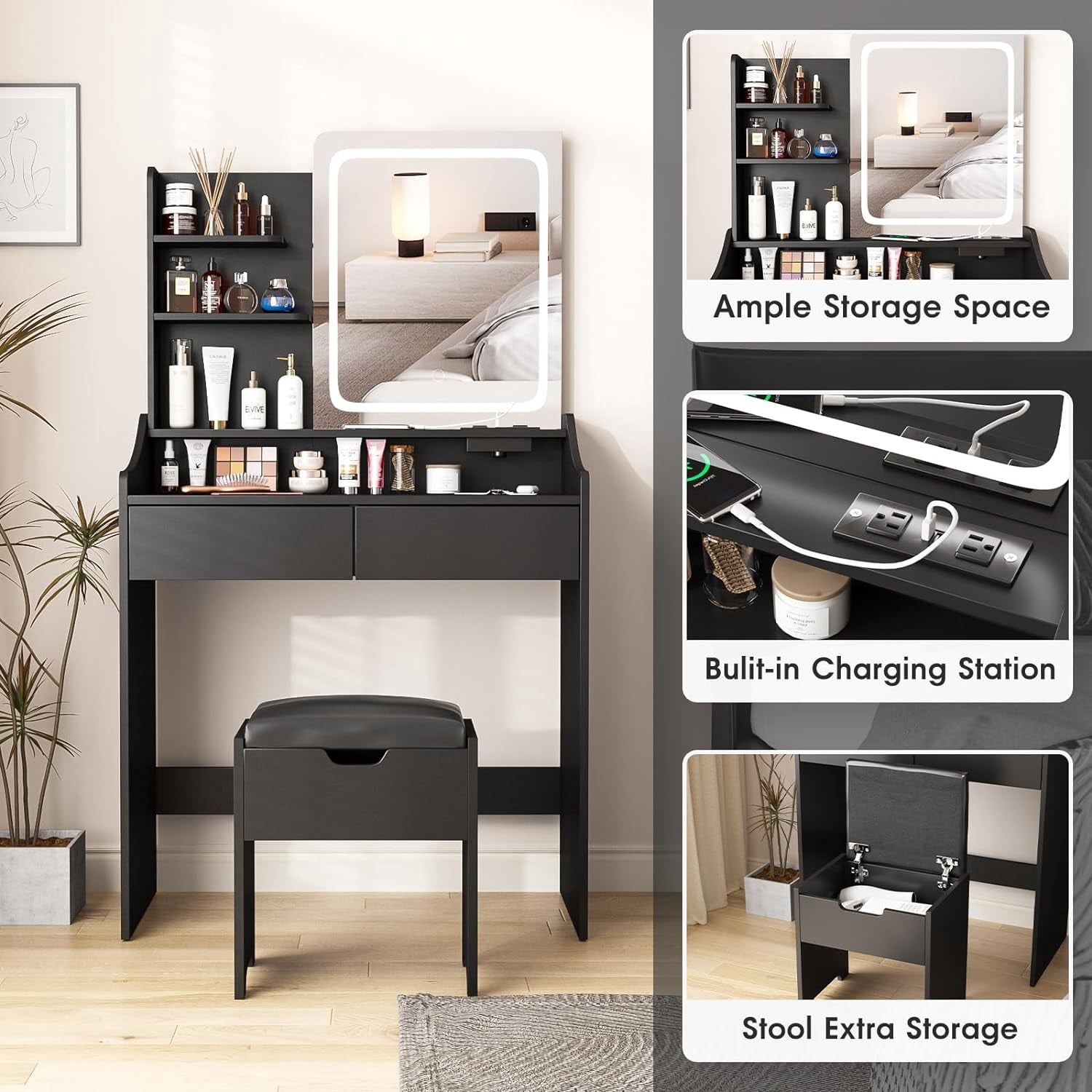 VEANERWOOD Makeup Vanity Set with Lights and Power Strip,Vanity Dressing Table with Drawers and Shelves for Bedroom,Black