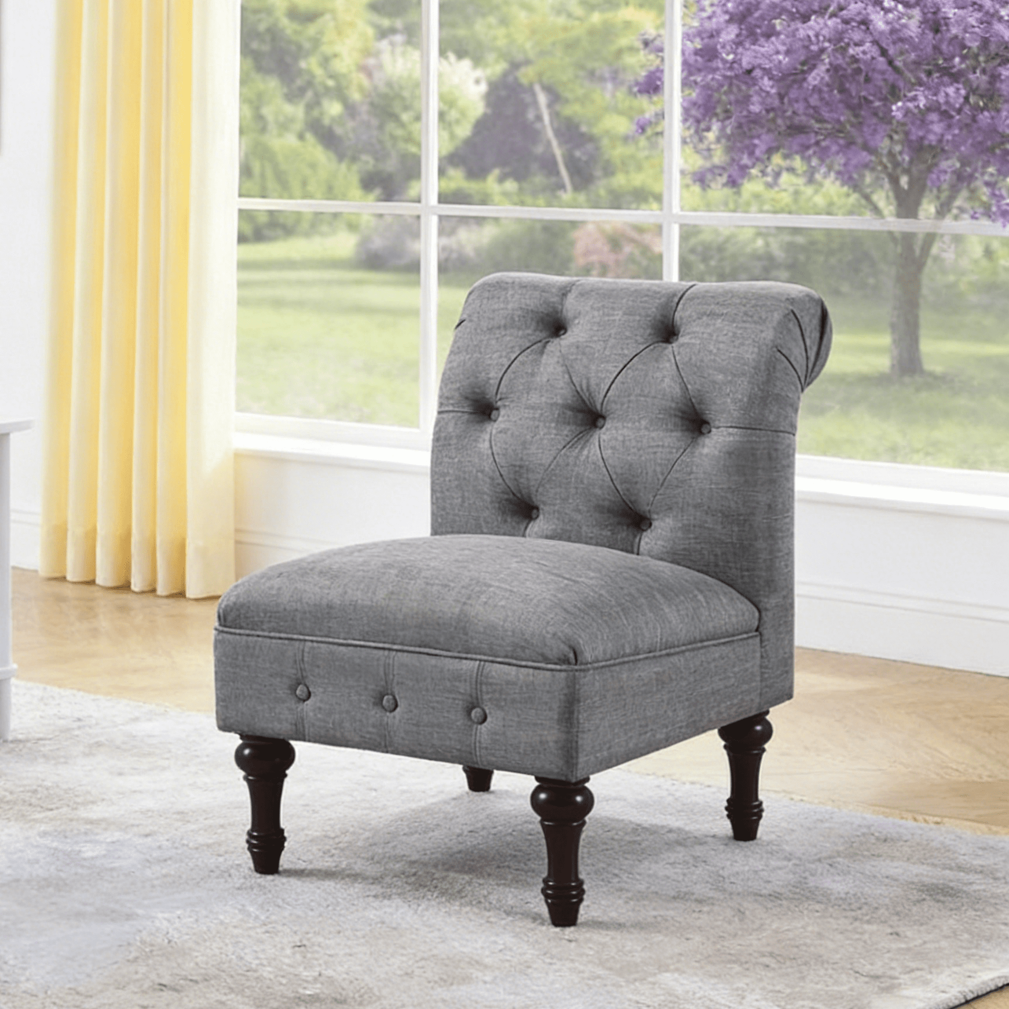 Gewnee Armless Royal Chair,Linen Gray Button-Tufted Accent Chair With Rubberwood Legs