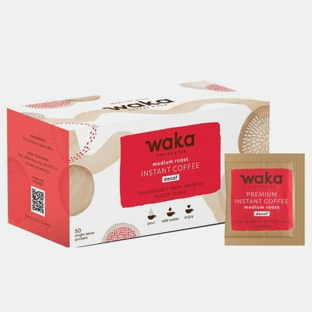 Waka Instant Coffee, Decaffeinated Medium Roast - 100% Arabica Colombian Beans, Freeze Dried Granules, No Additives - 50 Travel Size, Single-Serve Packets for Quick Hot and Iced Coffees