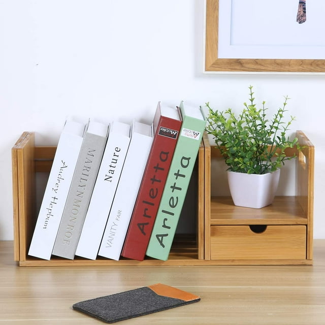 Maydear Bamboo Desktop Bookshelf Expandable Desktop Organizer Table Top Bookcase , with 1 Drawers, Desk Storage Organizer Display Shelf Rack for Office Supplies