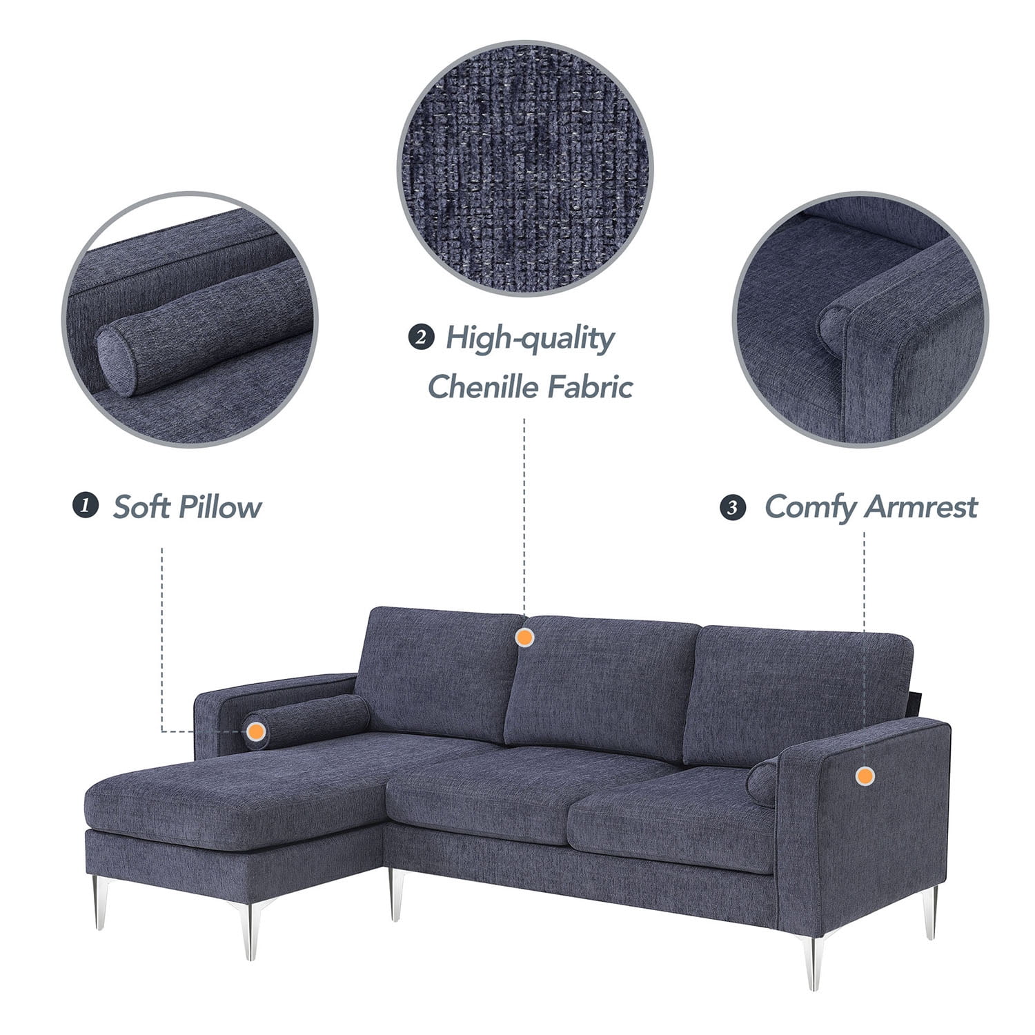 Kadyn 86" Convertible Sectional Sofa, Modern Chenille Fabric Sofa with Reversible Chaise and 2 Pillows, L-Shaped 3-Seat Sofa for Apartment, Blue+Grey