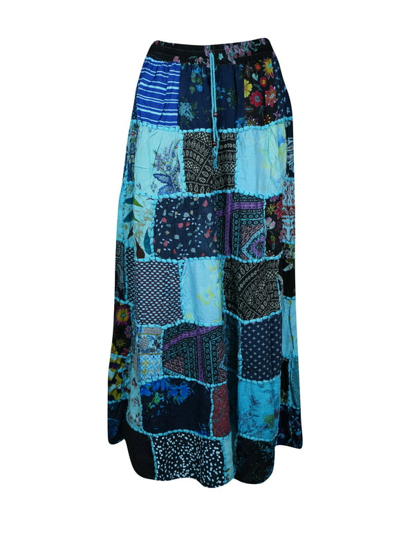 Mogul Women Blue Vintage Patchwork Beach Long Skirt Printed Flared Skirts S/M