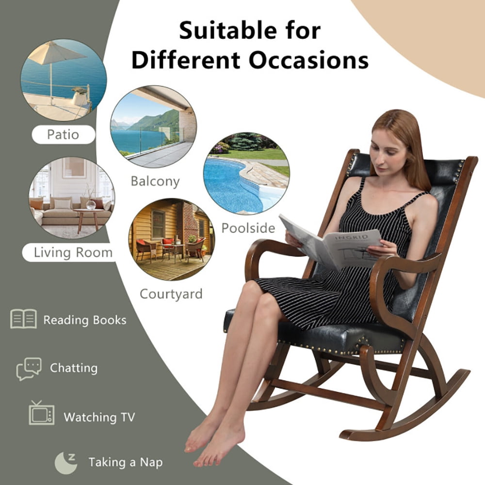 Finihen Wooden Slad Back Rocking Chairr, Modern Rocking Chair with PU Cushion and Rubber Wood Frame, for Living Room, Bedroom, Black