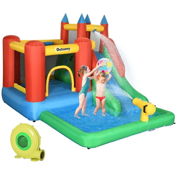 Outsunny Kids Bouncy House Inflatable Pool Water Slide Trampoline Bounce Castle Climbing Wall with Inflator for 3-8 Years Old Boys and Girls 10.8' x 8' x 7'
