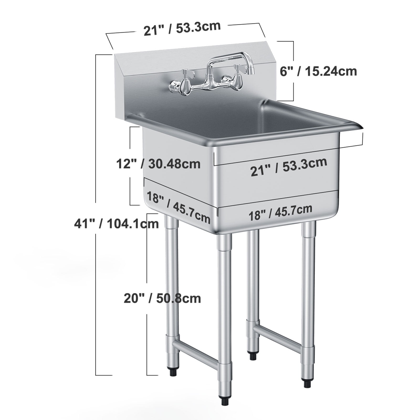 KFFKFF Commercial Utility Sink in Stainless Steel, Single Basin with Faucet & Legs, Dimensions 21"x41", Ideal for Garage, Eatery, Kitchen, Laundry Room, Certified by