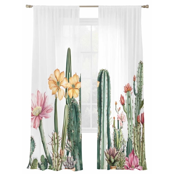 Green Cactus Sheer Curtains 96 Inch Length 2 Panels Set, Semi Transparent Voile Rod Pocket Curtains for Living Dining Room Bedroom Drapes Spring Floral Watercolor Botanical