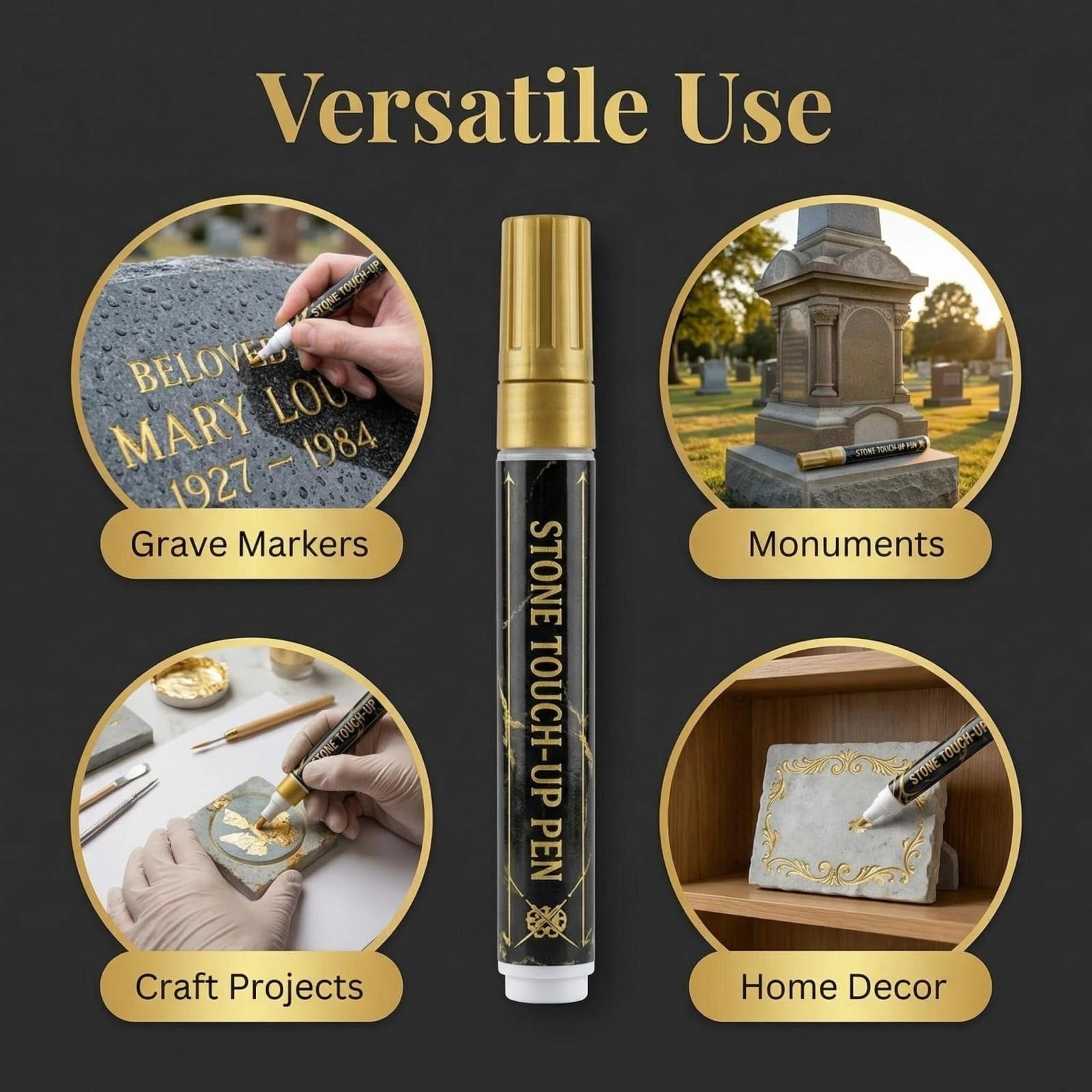 Golden Tombstone Marker Pen for Restoring Faded Grave Inscriptions, Waterproof Fast-Drying Oil-Based Stone Touch Up Pen, Permanent Paint Markers for Granite Headstones