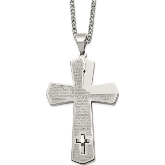 Stainless Steel Polished Lord's Prayer Cross 24In Necklace (24 X 44.9) Made In China srn2810-24