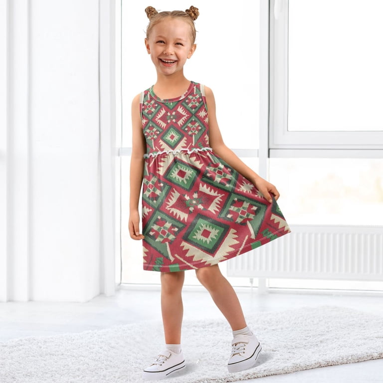 Red and Green Christmas Geometric Pattern Sleeveless Dress A-Line One-Piece Dress Quick Dry 2T