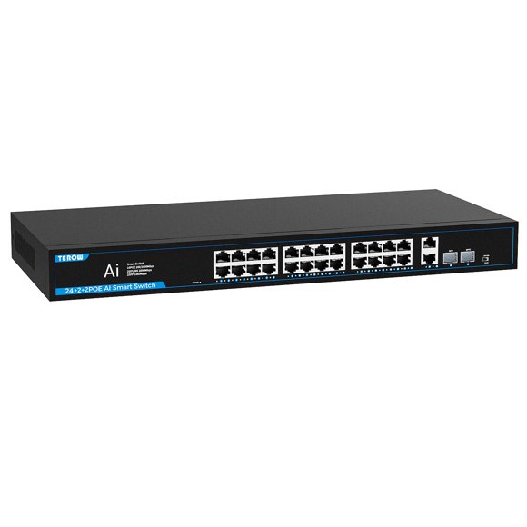 Conmutador de red TEROW de 28 puertos Gigabit con 24 PoE, 2 enlaces ascendentes y 2 SFP