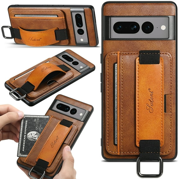 Jiahe Cover for Google Pixel 7 Pro 6.7" 2022, Luxury Classic Retro Pattern with Hand Strap Kickstand Stylish Leather Wallet Back Card Holder Soft Slim Phone Cover Protective Case for Women & Men,Brown