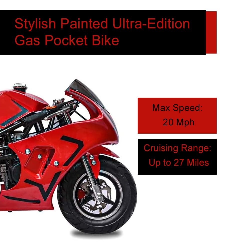 FRP 4 Stroke Pocket Bike 03, Pocket Bike for Kids W/ Strong Dual Brake, Realistic Racing Pocket Rocket Max Speed 20 Mph, Mini Bike Max Weight 165 LB-Ultra Edition, Red