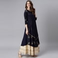 thumbnail image 5 of Janasya Indian Round Neck 3/4 Sleeve Floral Print Navy Blue Poly Crepe Kurta For Women, 5 of 7