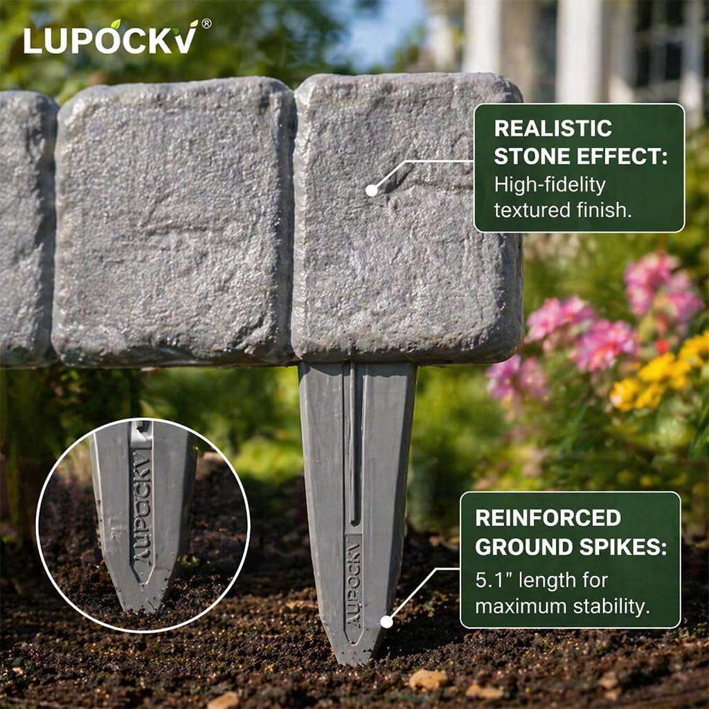 Imitation Stone Garden Fence Plastic Retaining Edging Border Grey Cobbled Effect Landscape Decor Interlocking Decorative Panels Flower Bed Path Lawn Outdoor Picket Yard Grass Edge(Black,20pcs)