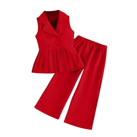 AINIYS Girls Sleeveless Crew Neck Pullover Elastic Waist Loose Breathable Two Piece Top And Wide Leg Pants Set For Summer Outdoor Play Red 7-8Years