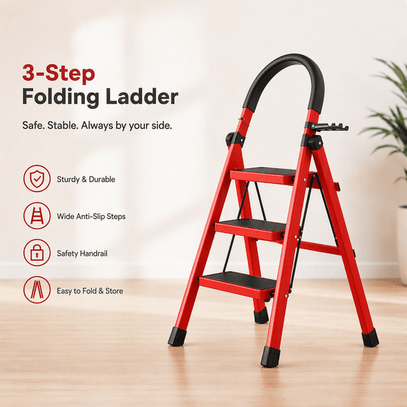 Heavy folding ladder, anti slip wide steps, safety lock design, portable ladder for household,garage, office use, easy to store