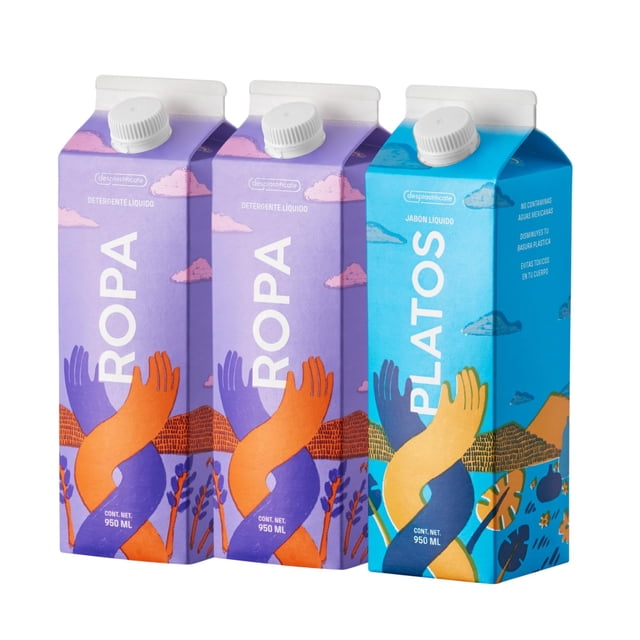 Kit limpieza Premium, Sin tóxicos y Ecológica. 2 Detergente de Ropa 950ml,Protege fibras y colores, No necesita enguaje + 1 Jabón de Platos 950ml, Concentrado,Cuida tu
