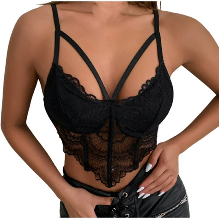 Hfyihgf On Clearance Womens Summer Lace Bra Bustier Mesh Sexy Vintage  Spaghetti Strap Crisscross V-Neck Corset Going Out Party Crop Top(Black,XS)  