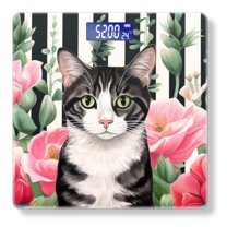 High Precision Body Weight Scale Smart Bathroom Scales with Large LCD Display(400lbs),Decorative for Bedroom-Black And White Cat With Green Eyes Surrounded By Pink Flowers
