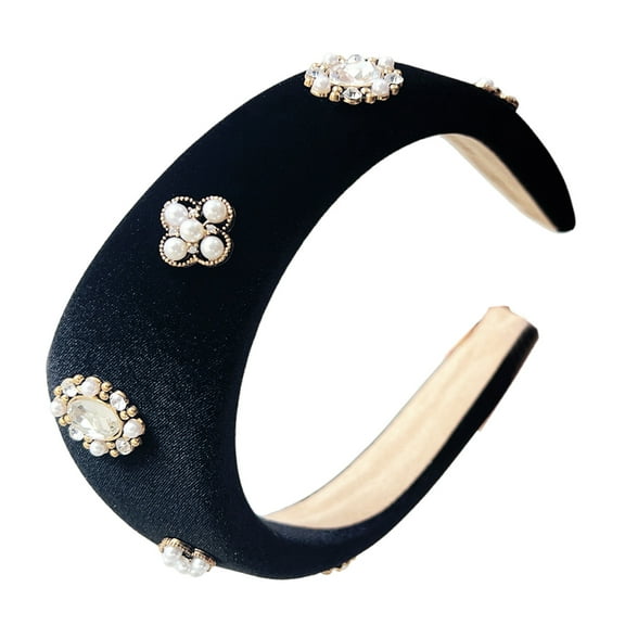COOLHOOD Black Plush Headbands with White Pearls Decoration for Women's Vintage Holiday Fashion Hair Accessory for Daily Use